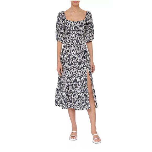 BAGATELLE COLLECTION WOMENS SIZE 8 DRESS PUFF SLEEVE IKAT MIDI DRESS BLUE NEW - Picture 1 of 15